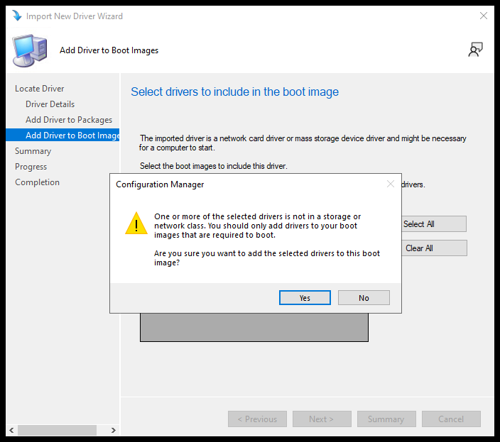 Select Yes for Storage and Network Class Warning