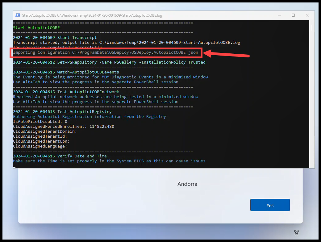 Autopilot OOBE Configuration Json Imported