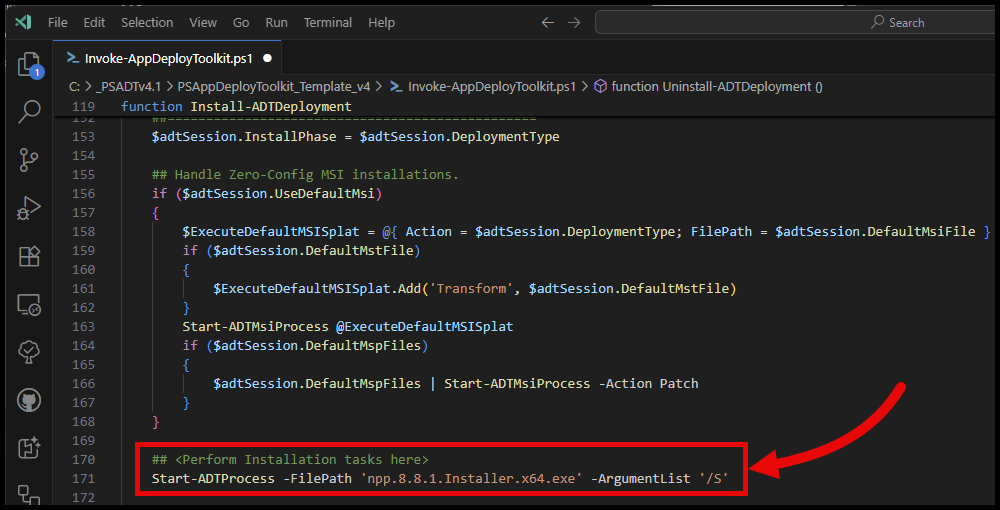 PSADT Start-ADTProcess for silent install of Notepad++