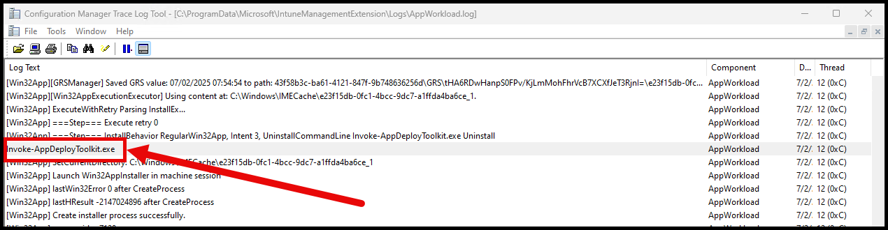 AppWorkload.log showing the install command