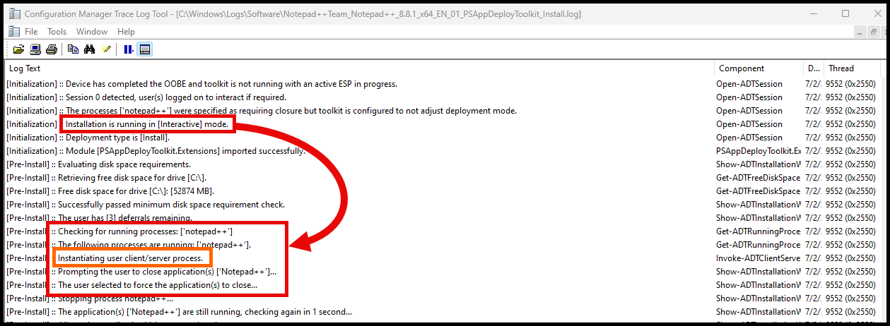 PSADT Log showing Interactive and client/server process