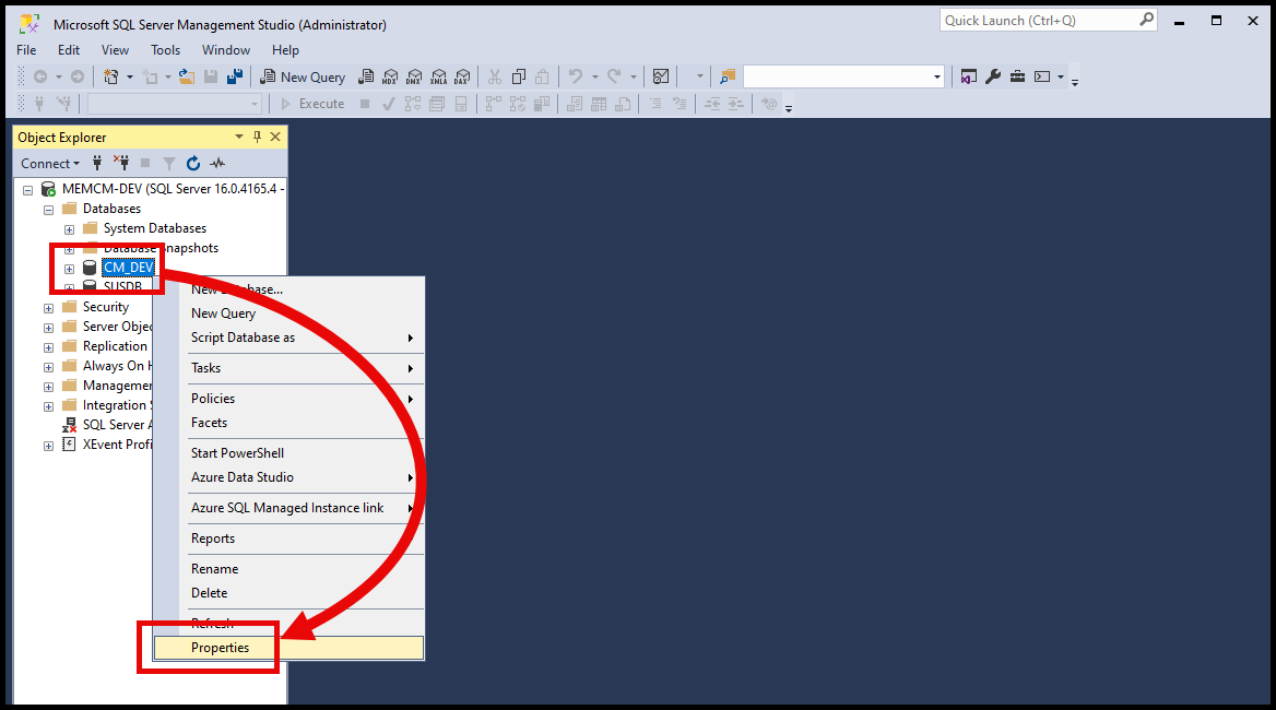 Right-Click Database, select Properties