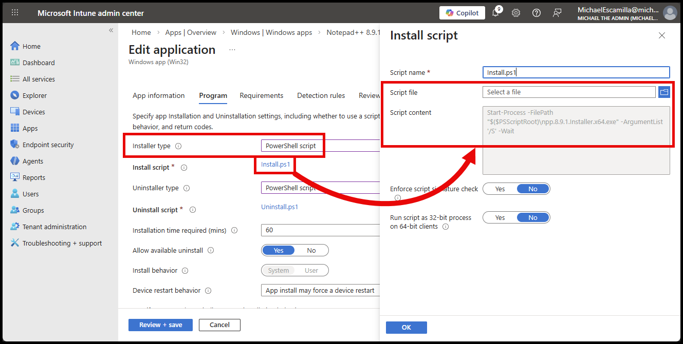PowerShell Script Installer option in Intune