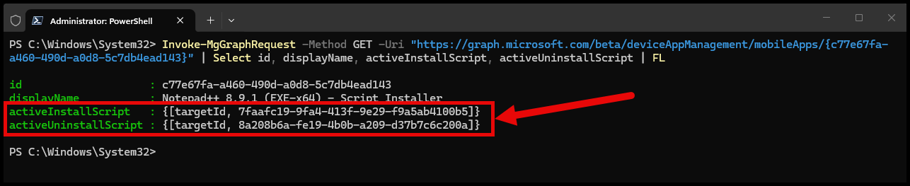 Graph Explorer showing Win32 app install and uninstall script properties