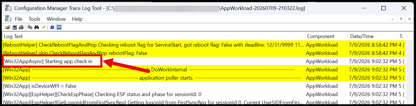 Required app check-in log line