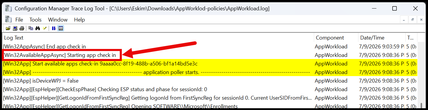 Available app check-in log line