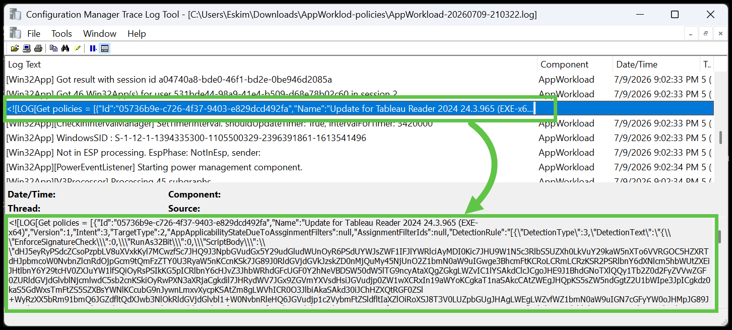 Start of the get policies line in CMTrace