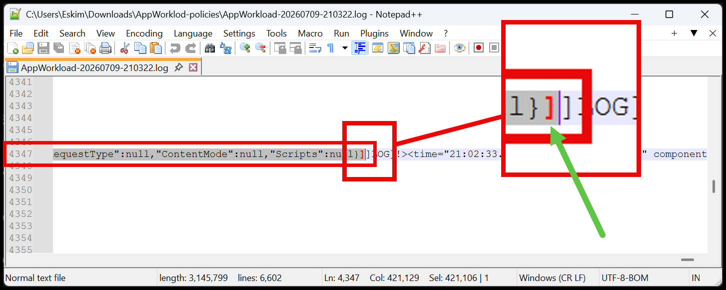 End of the JSON array in Notepad++