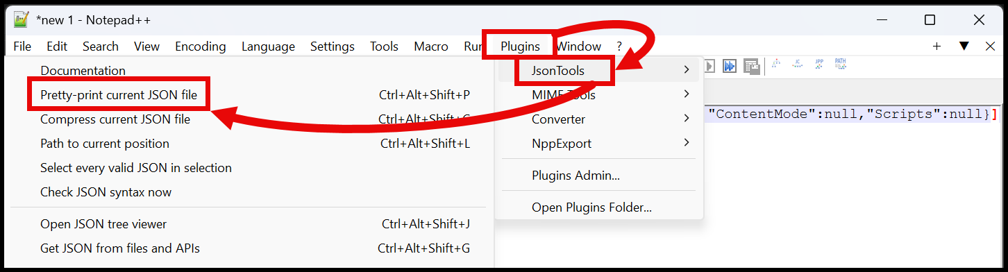 Format the JSON array in Notepad++